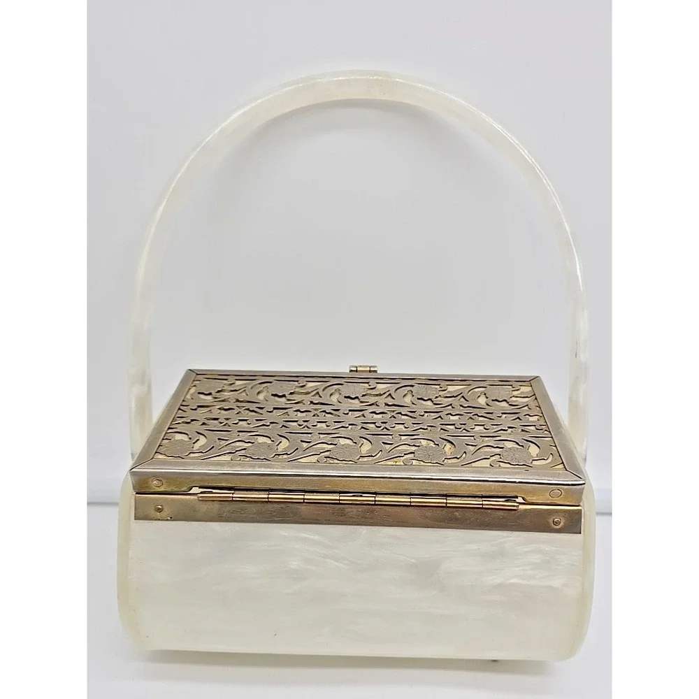 Vtg Tyrolene Lucite Purse Metal Filigree Single‎ Handle 1940's Mid Century Purse